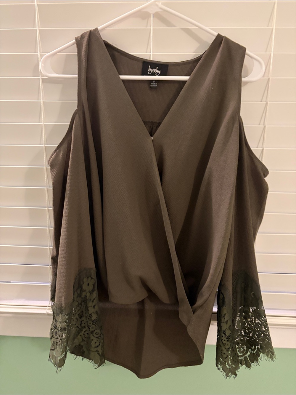 by & by Olive Green Cold-Shoulder Blouse with Lace Trim